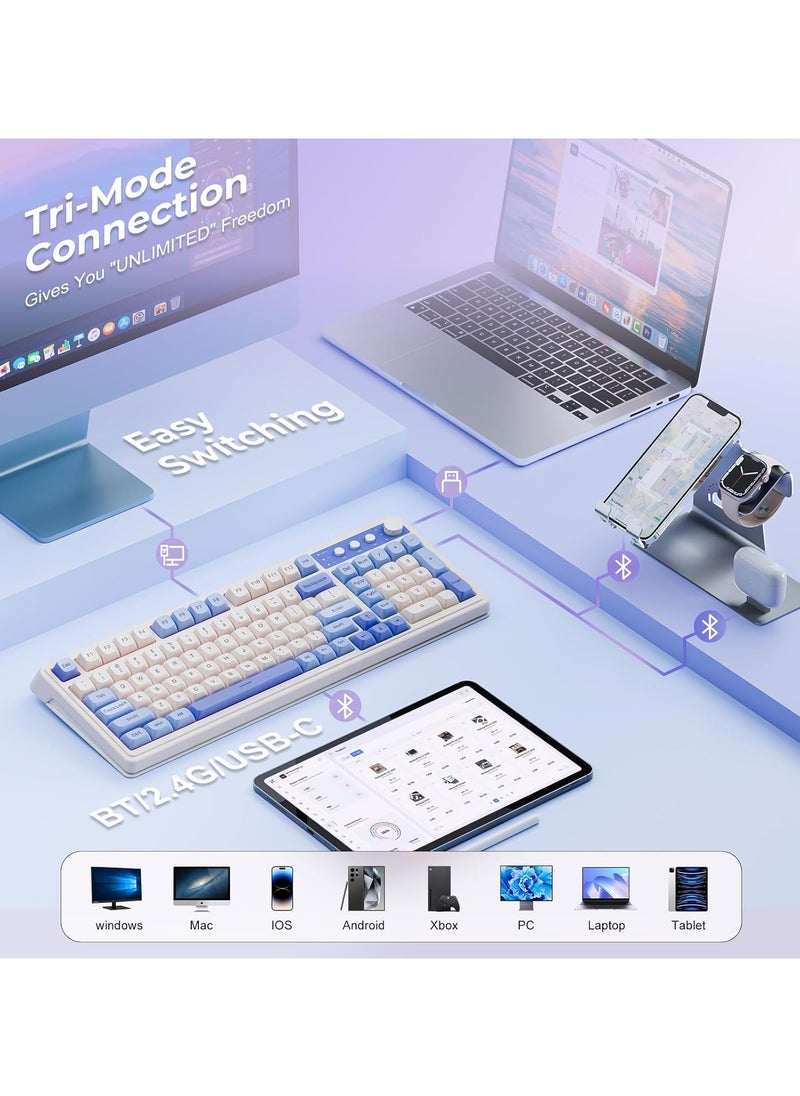 S99 Keys Creamy Gaming Keyboard, Tri-Mode Bluetooth/2.4GHz/USB-C Retro Keyboard with NumberPad RGB Backlit, Media Knob Programmable Membrane Computer Keyboard
