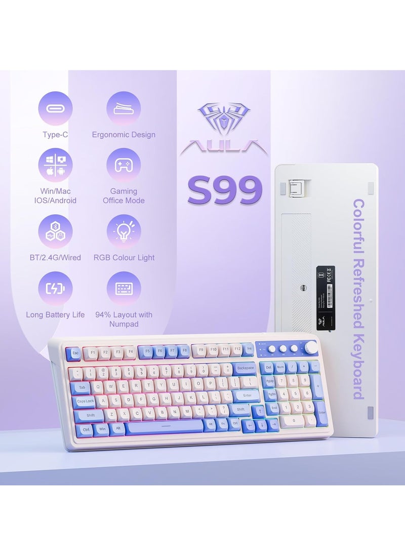 S99 Keys Creamy Gaming Keyboard, Tri-Mode Bluetooth/2.4GHz/USB-C Retro Keyboard with NumberPad RGB Backlit, Media Knob Programmable Membrane Computer Keyboard