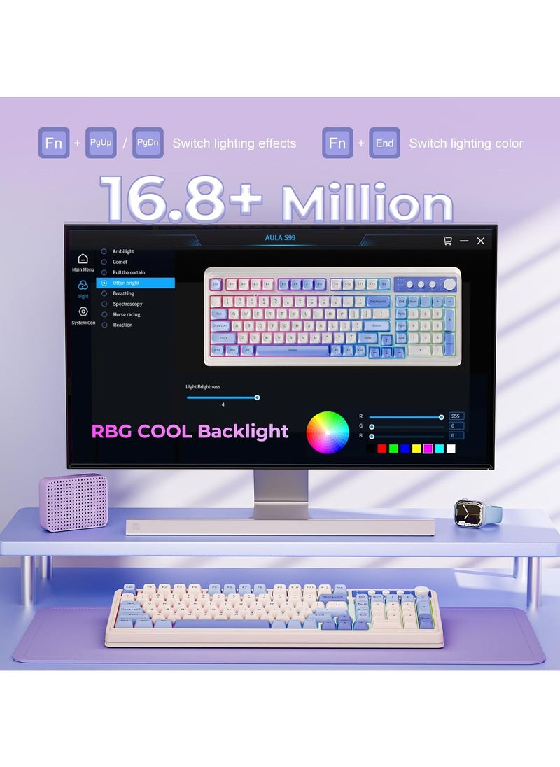 S99 Keys Creamy Gaming Keyboard, Tri-Mode Bluetooth/2.4GHz/USB-C Retro Keyboard with NumberPad RGB Backlit, Media Knob Programmable Membrane Computer Keyboard