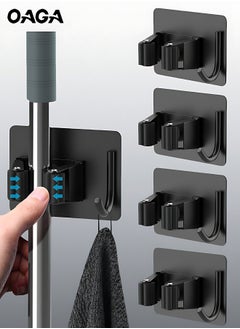 OAGA 4 Pcs Mop Broom Holder, Hooks for Hanging, Self Adhesive Stainless Steel Broom Storage with Rack and Hook, Wall Mounted Mop Broom Organizer for Home, Bathroom, Kitchen- Black  - Image 1