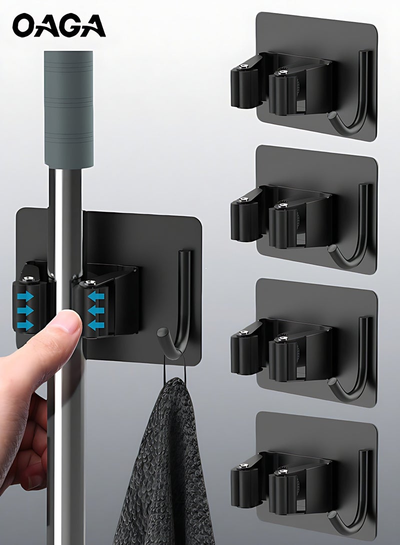 أوجا 4 قطع حامل ممسحة ومقشة، خطاطيف تعليق ذاتية اللصق من الستانلس ستيل، نظام تخزين للمكانس مع رف وخطاف، منظِّف ممسحة ومقشة مثبت على الحائط للمنزل، الحمام، المطبخ - أسود - Image 1