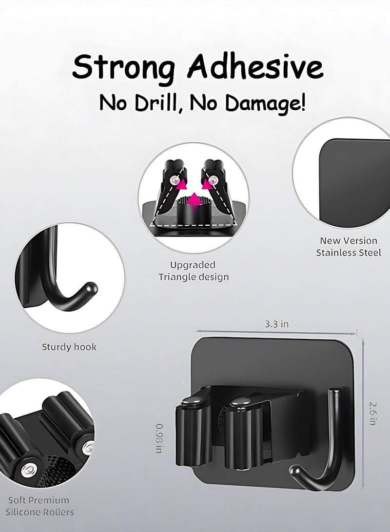 أوجا 4 قطع حامل ممسحة ومقشة، خطاطيف تعليق ذاتية اللصق من الستانلس ستيل، نظام تخزين للمكانس مع رف وخطاف، منظِّف ممسحة ومقشة مثبت على الحائط للمنزل، الحمام، المطبخ - أسود - Image 3