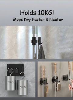 OAGA 4 Pcs Mop Broom Holder, Hooks for Hanging, Self Adhesive Stainless Steel Broom Storage with Rack and Hook, Wall Mounted Mop Broom Organizer for Home, Bathroom, Kitchen- Black  - Image 4