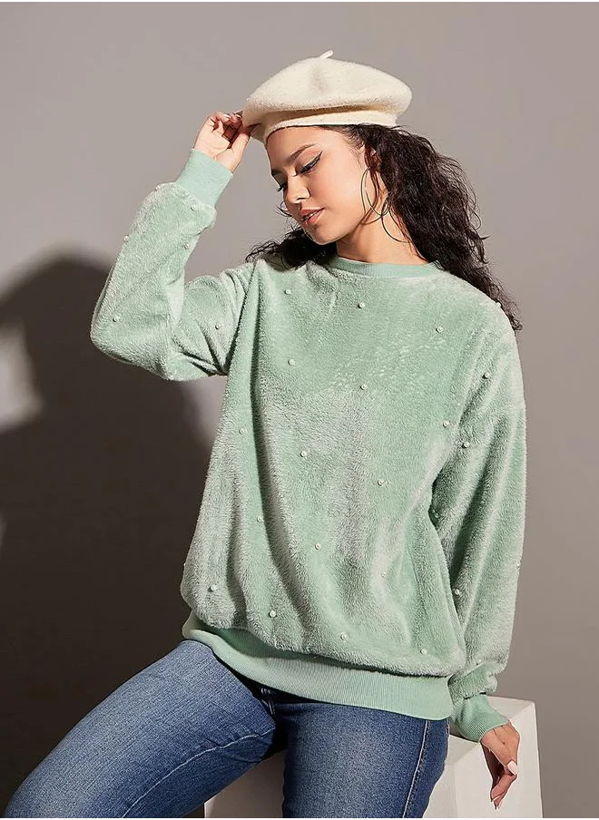 SASSAFRAS Relaxed Fit Fleece Faux Fur Pearl Stud Sweatshirt