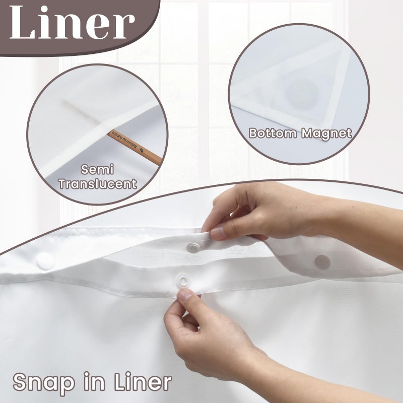 SORTTO No Hook Slub Textured Shower Curtain with Snap in Liner - White Fabric Outer Curtain & Waterproof Inner Liner, Hotel Style with See Through Top Window, 71x74 in - Image 3