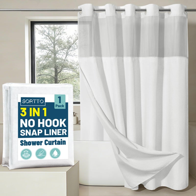 SORTTO No Hook Slub Textured Shower Curtain with Snap in Liner - White Fabric Outer Curtain & Waterproof Inner Liner, Hotel Style with See Through Top Window, 71x74 in - Image 1