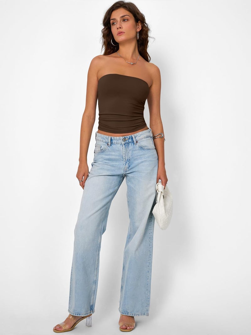 Trendy Queen Womens Strapless Tube Tops Basic Backless Sleeveless Bandeau Going Out Crop Tops Cute 2025 Summer Clothes Chocolate S - Image 5