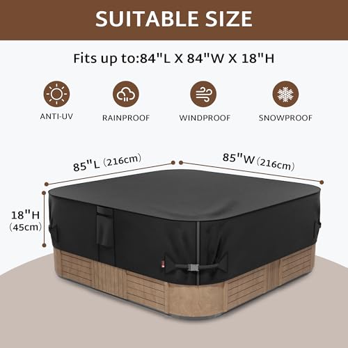 iBirdie Outdoor Waterproof and Weatherproof Hot Tub Cover 85 x 85 inch fit 84 x 84 or 83 x 83 or 82 x 82 or 7 ft x 7 ft Square SPA 600D Heavy Duty Protectors Protective Cover Cap - Image 2