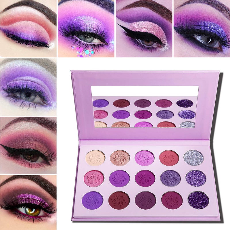 Afflano Purple Eyeshadow Palette Makeup Matte Glitter, Highly Pigmented Pink Eye Makeup Pallet, Dream Purple Pink Dark Red Violet Cute Bright Shimmer Travel Eyeshadow Pallet for Girl Women - Image 1