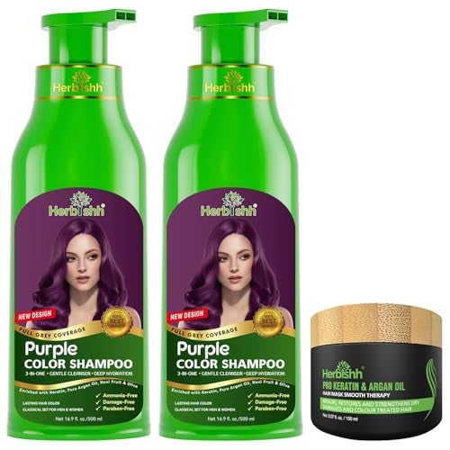 Herbishh Purple Hair Dye Shampoo 500ml x2 Argan Intense Hair Mask 3in1 Hair Color Shampoo for Gray Hair AmmoniaFree LongLasting Color For Dry Frizzy Hair Men Women - Image 1