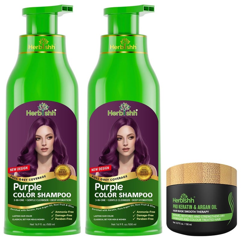 Herbishh Purple Hair Dye Shampoo 500ml x2 Argan Intense Hair Mask 3in1 Hair Color Shampoo for Gray Hair AmmoniaFree LongLasting Color For Dry Frizzy Hair Men Women - Image 2