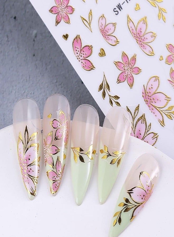 Flower Nail Art Stickers Decals Bronzing Summer Floral Stickers for Nails 6PCS 3D Self Adhesive Pink Purple Red Blossom Plant Nail Manicure Accessories Flower Stickers for Women Nail Art Decorations - Image 3