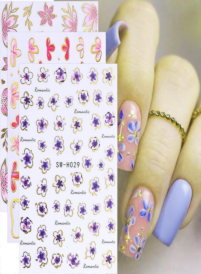 Flower Nail Art Stickers Decals Bronzing Summer Floral Stickers for Nails 6PCS 3D Self Adhesive Pink Purple Red Blossom Plant Nail Manicure Accessories Flower Stickers for Women Nail Art Decorations - Image 2