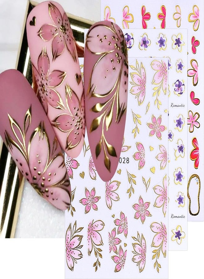 Flower Nail Art Stickers Decals Bronzing Summer Floral Stickers for Nails 6PCS 3D Self Adhesive Pink Purple Red Blossom Plant Nail Manicure Accessories Flower Stickers for Women Nail Art Decorations - Image 1