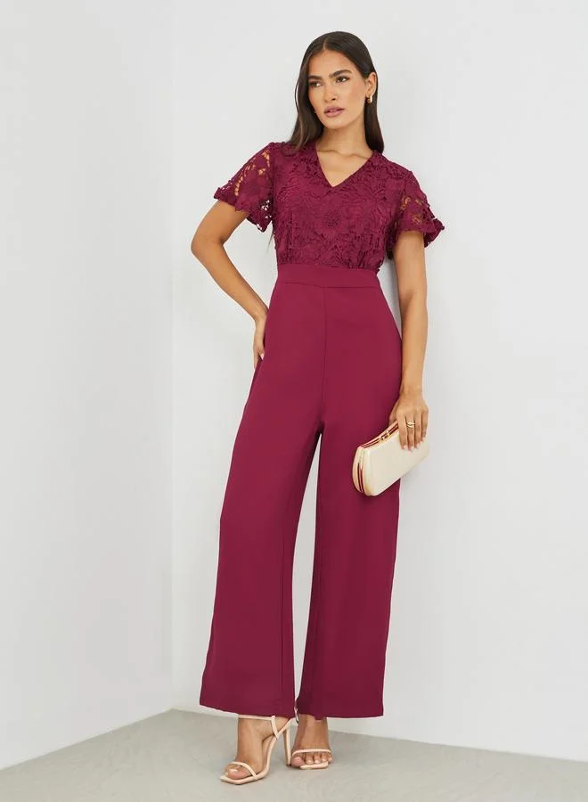 Styli Styli Lace Insert Wide Leg Jumpsuit