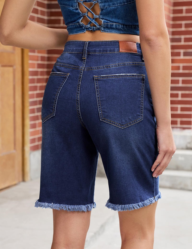 luvamia Jean Bermuda Shorts for Women Trendy Women's Denim Shorts Mid Rise Raw Hem Knee Length Jorts Women Summer Casual Jorts Darkness Blue Size Large Fits US 12-14 - Image 3