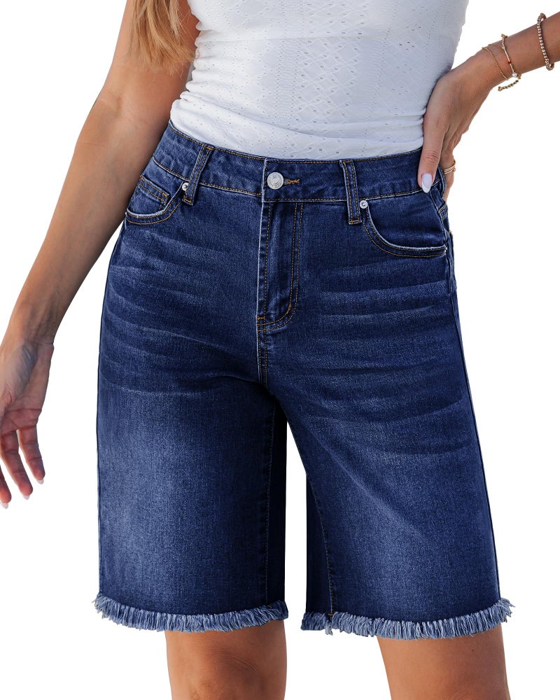 luvamia Jean Bermuda Shorts for Women Trendy Women's Denim Shorts Mid Rise Raw Hem Knee Length Jorts Women Summer Casual Jorts Darkness Blue Size Large Fits US 12-14 - Image 1