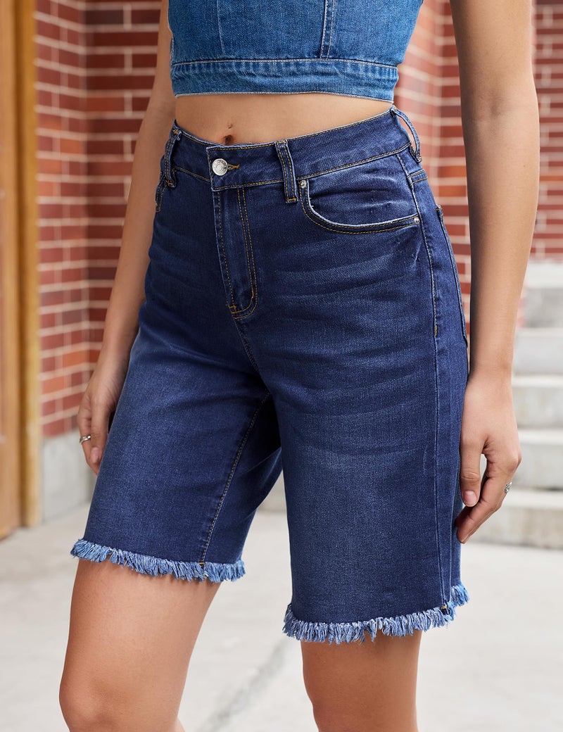 luvamia Jean Bermuda Shorts for Women Trendy Women's Denim Shorts Mid Rise Raw Hem Knee Length Jorts Women Summer Casual Jorts Darkness Blue Size Large Fits US 12-14 - Image 2