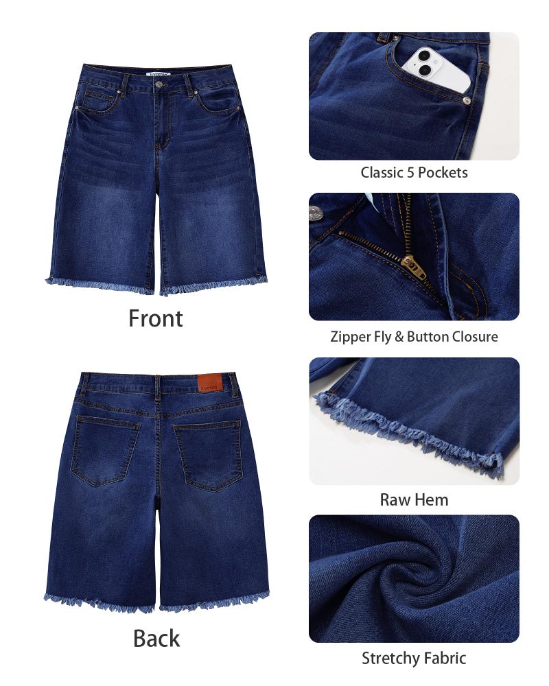 luvamia Jean Bermuda Shorts for Women Trendy Women's Denim Shorts Mid Rise Raw Hem Knee Length Jorts Women Summer Casual Jorts Darkness Blue Size Large Fits US 12-14 - Image 5