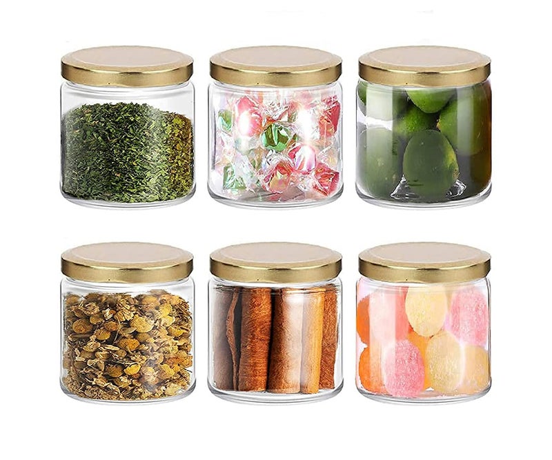 BLISS START Salsa Glass Jar With Golden Lid Small Storage Container Jar With Air Tight Cap For Kitchen Storage Masala Cookies Spices Dry Fruits Cakes Jam Pickle Tea Coffee Chutney 200ml (Pack of 6) - Image 1