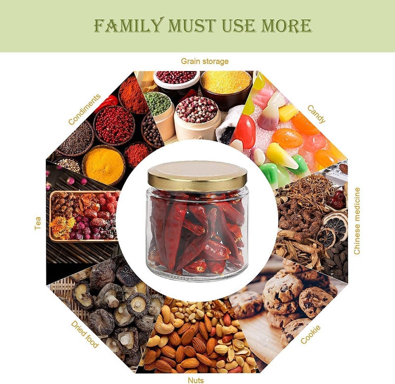 BLISS START Salsa Glass Jar With Golden Lid Small Storage Container Jar With Air Tight Cap For Kitchen Storage Masala Cookies Spices Dry Fruits Cakes Jam Pickle Tea Coffee Chutney 200ml (Pack of 6) - Image 4