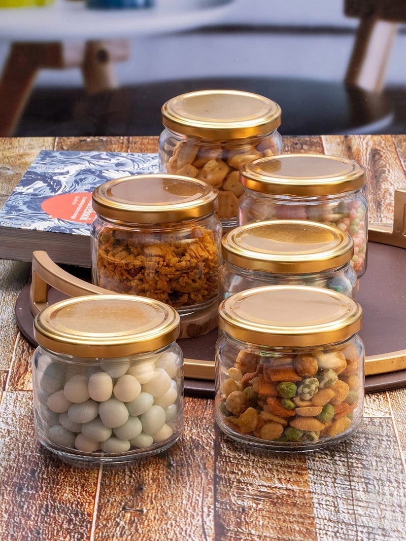 BLISS START Salsa Glass Jar With Golden Lid Small Storage Container Jar With Air Tight Cap For Kitchen Storage Masala Cookies Spices Dry Fruits Cakes Jam Pickle Tea Coffee Chutney 200ml (Pack of 6) - Image 2