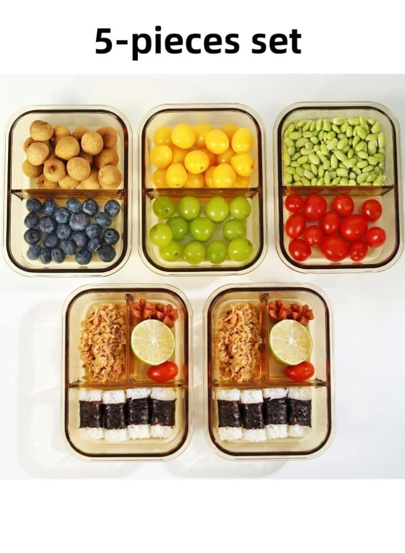 5 Piece 1040ml Amber Borosilicate Glass Food Container Set – 3 Pcs 2-Compartment & 2 Pcs 3-Compartment Lunch Boxes, Kitchen Food Storage & Cabinet Organizers - Image 2
