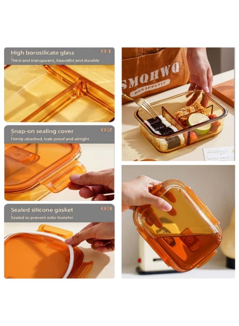 5 Piece 1040ml Amber Borosilicate Glass Food Container Set – 3 Pcs 2-Compartment & 2 Pcs 3-Compartment Lunch Boxes, Kitchen Food Storage & Cabinet Organizers - Image 5