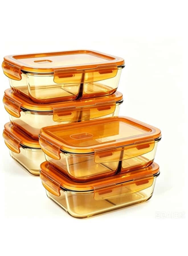 5 Piece 1040ml Amber Borosilicate Glass Food Container Set – 3 Pcs 2-Compartment & 2 Pcs 3-Compartment Lunch Boxes, Kitchen Food Storage & Cabinet Organizers - Image 1