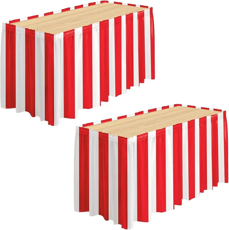 2 Pcs Plastic Table Skirt, Red and White Striped Tablecloths, Carnival Party Supplies, Disposable, Oil-Proof and Water-Proof, 29 X 168 in, Wedding Table Decorations - Image 1