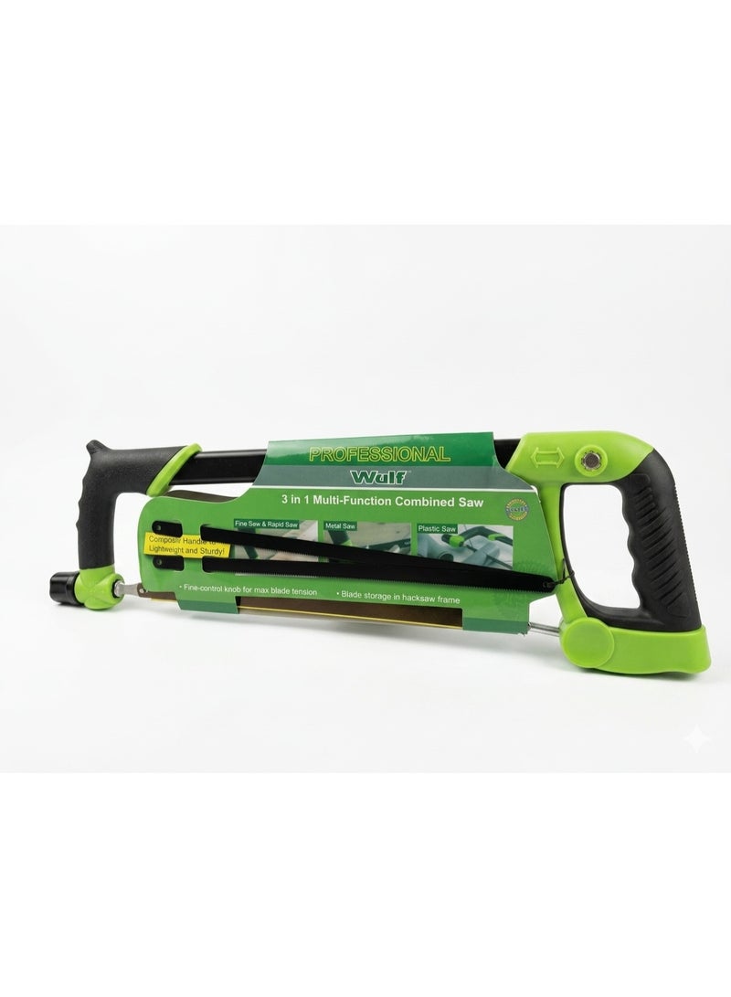 WULF Professional Adjustable Hacksaw Frame 12 Inch, 3-in-1 Multi-Function Hand Saw for Metal, Plastic & Fine Cutting with Ergonomic Heavy Duty Grip Handle - Image 1