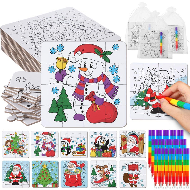 Arrowbash 30 Pack Color Your Own Christmas Jigsaw Puzzles for Kids Stackable Crayons Gift Bag DIY Religious Christmas Craft Paper Puzzle to Draw on - Image 3