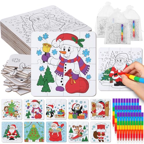 Arrowbash 30 Pack Color Your Own Christmas Jigsaw Puzzles for Kids Stackable Crayons Gift Bag DIY Religious Christmas Craft Paper Puzzle to Draw on - Image 1