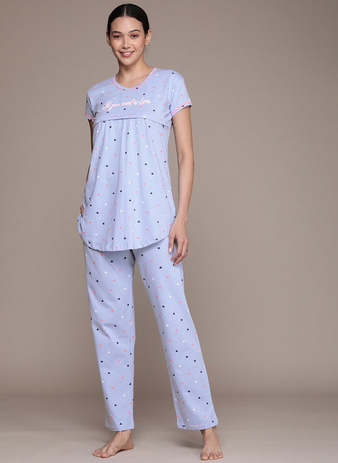 beebelle Women Blue Conversational Printed Maternity & Feeding Pure Cotton Night Suit - Image 5