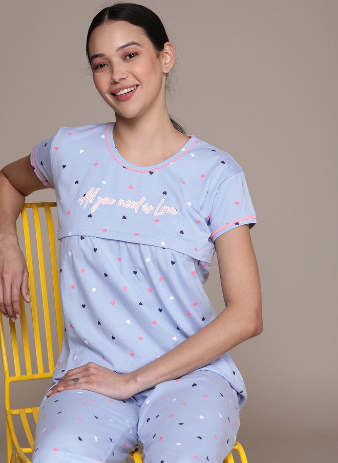 beebelle Women Blue Conversational Printed Maternity & Feeding Pure Cotton Night Suit - Image 2