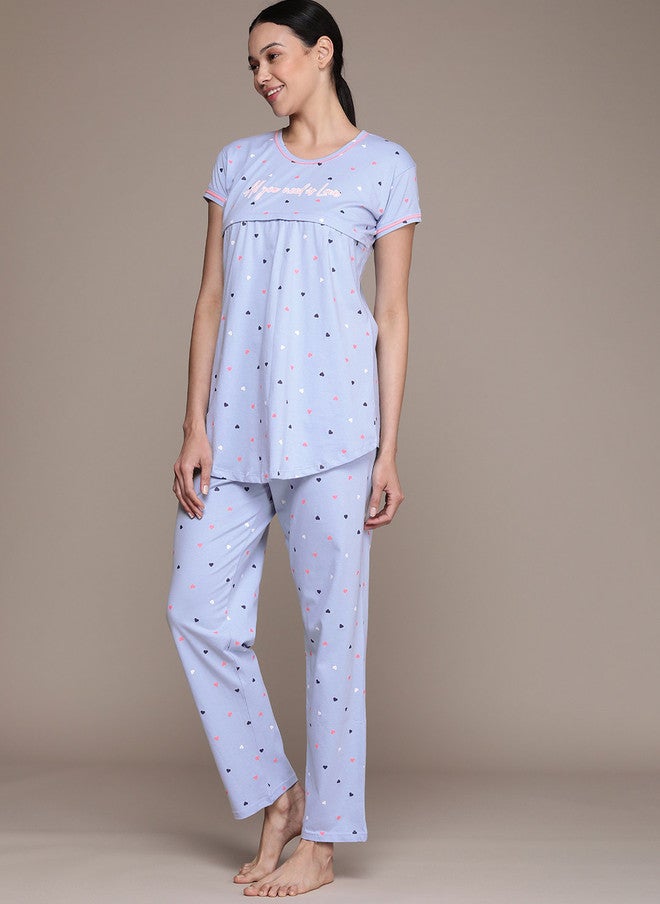 beebelle Women Blue Conversational Printed Maternity & Feeding Pure Cotton Night Suit - Image 3