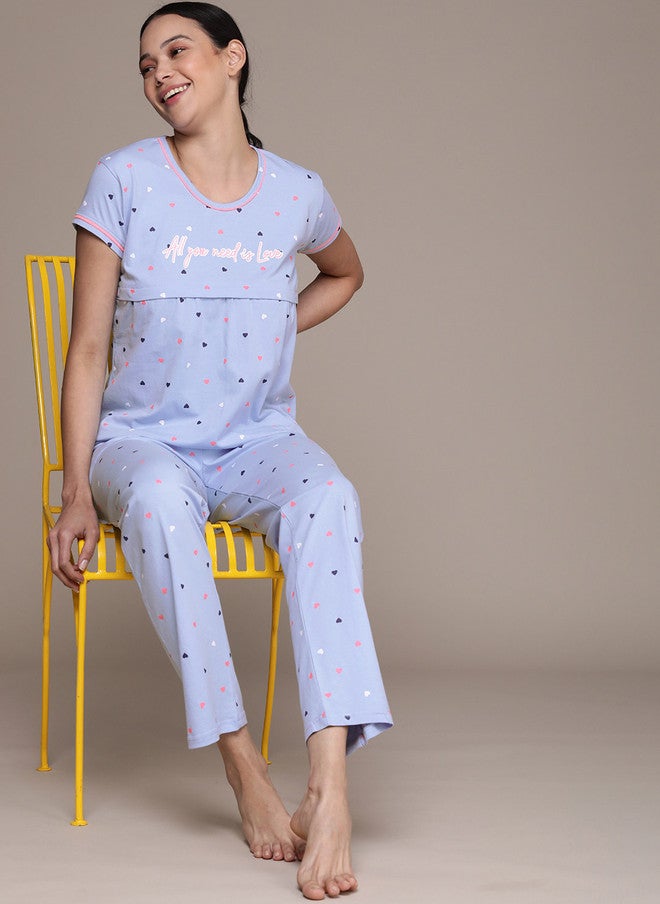 beebelle Women Blue Conversational Printed Maternity & Feeding Pure Cotton Night Suit - Image 1