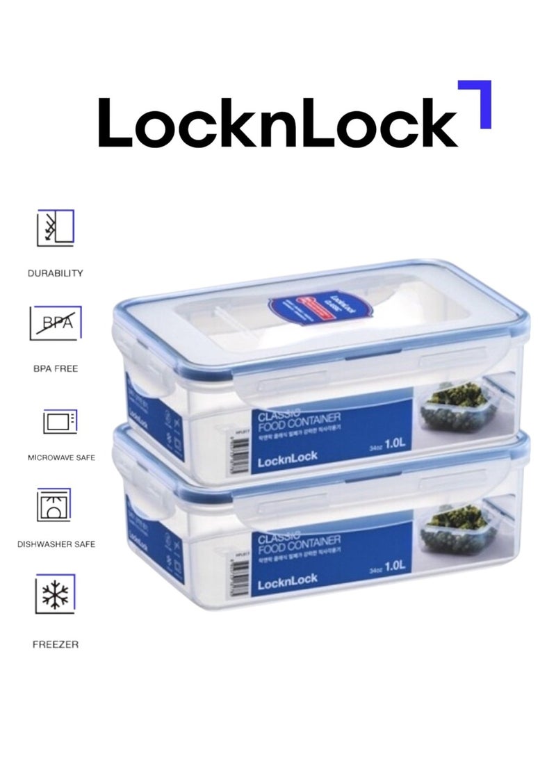 LOCK & LOCK حاويات لوكن لوك الكلاسيكية المستطيلة محكمة الإغلاق سعة 1 لتر مجموعة من 2 - خالية من BPA، آمنة للاستخدام في الميكروويف والفريزر - Image 1