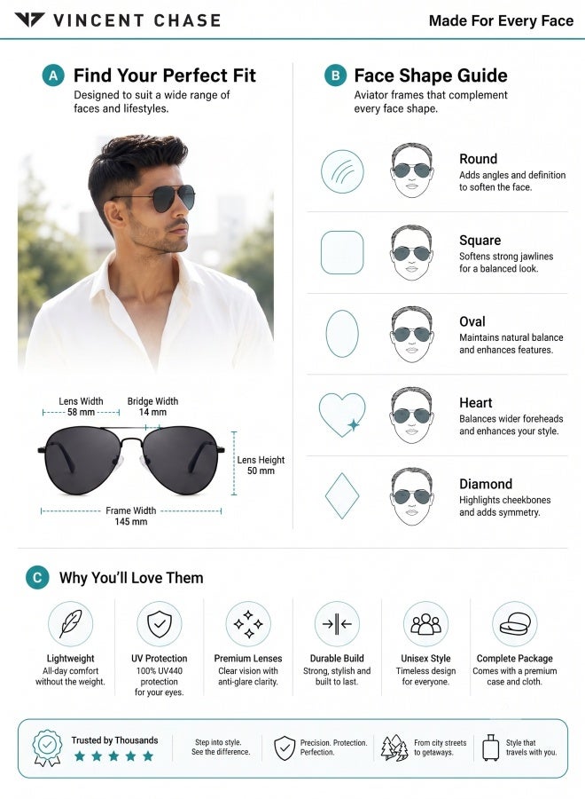 VINCENT CHASE Unisex Top Guns Full Rim Aviator Polarized & UV Protected Sunglasses For Men & Women VC 5158/P - 57mm - Black - Image 5