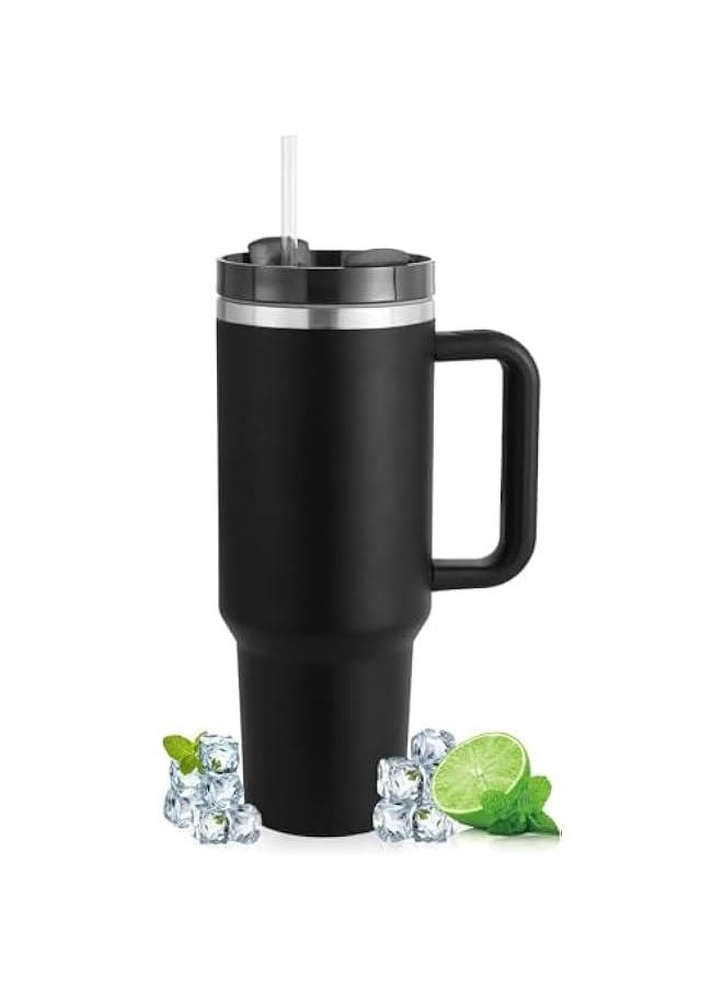 HOOKOR 40 oz Tumbler with Handle and Straw, Stainless Steel Vacuum Insulated Water Tumbler for Hot or Cold Beverages, Reusable Water Bottle for Home Gym Office Travel (Black)  - Image 1