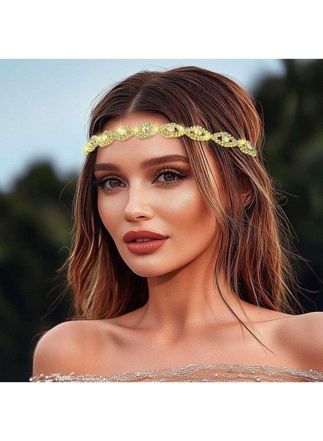 عصابة رأس مرصعة بأحجار الراين وسلسلة رأس من الكريستال مرنة بتصميم بوهو لامع متعدد الألوان للنساء (ذهبي) - Image 3
