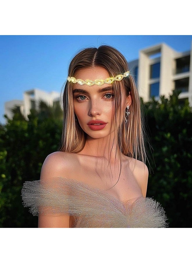 عصابة رأس مرصعة بأحجار الراين وسلسلة رأس من الكريستال مرنة بتصميم بوهو لامع متعدد الألوان للنساء (ذهبي) - Image 5