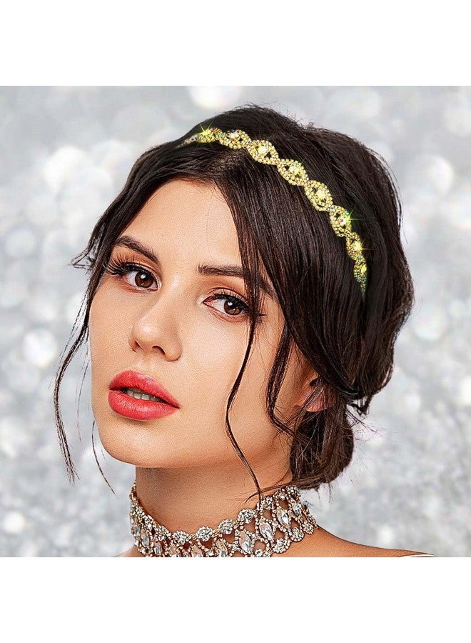 عصابة رأس مرصعة بأحجار الراين وسلسلة رأس من الكريستال مرنة بتصميم بوهو لامع متعدد الألوان للنساء (ذهبي) - Image 2