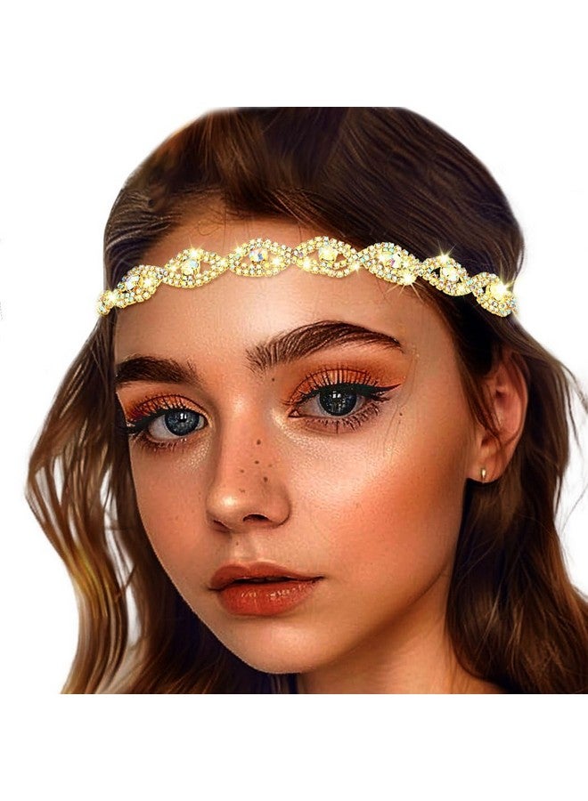 عصابة رأس مرصعة بأحجار الراين وسلسلة رأس من الكريستال مرنة بتصميم بوهو لامع متعدد الألوان للنساء (ذهبي) - Image 1