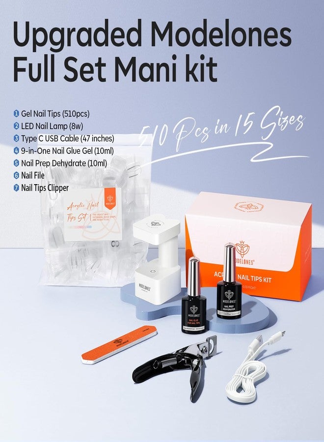 modelones Gel Nail Kit Short Coffin, Upgrade 510Pcs Fake Nails 15Sizes, 9-in-One Glue Prep Dehydrator & Mini U V Light Clipper, Pre-shaped Half Matte Press on Short Coffin Tips for DIY Salon - Image 5