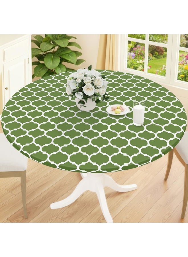 Smiry Round Picnic Tablecloth, Waterproof Elastic Fitted Table Covers for 36" - 44" Tables, Wipeable Flannel Backed Vinyl Tablecloths for Camping, Indoor, Outdoor, Green & White - Image 1