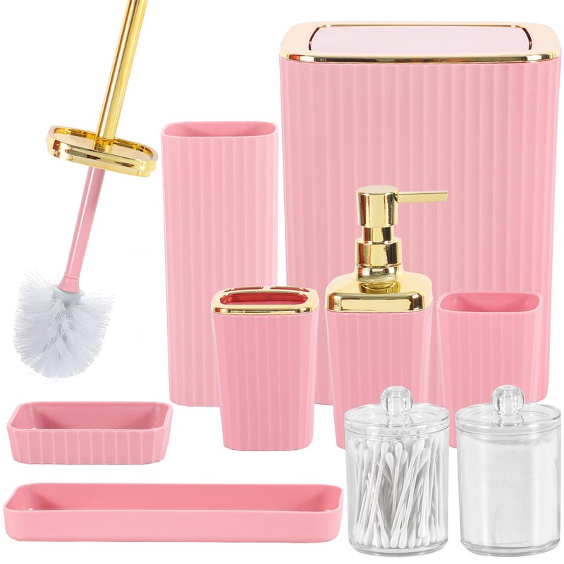 Bathroom Accessory Set9 Pieces Pink Bathroom Accessories Set with Trash Can Toothbrush Holder Soap Dispenser Toothbrush Cup Vanity Tray Soap Dish Toilet Brush Qtip Holder