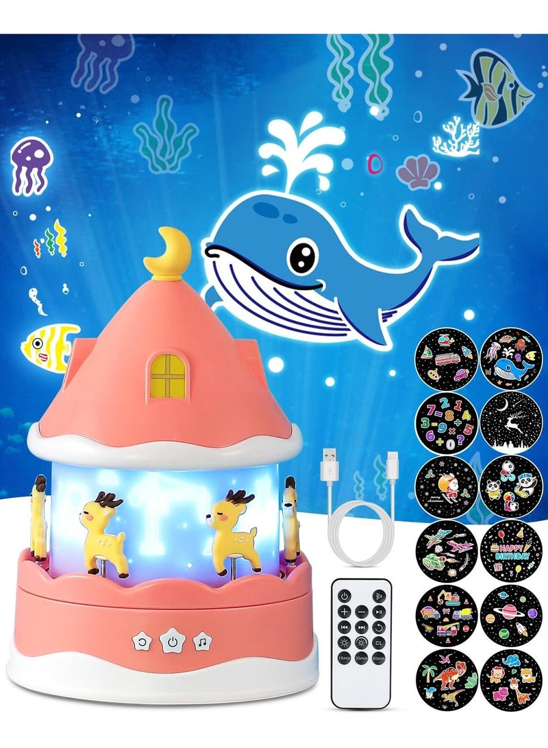 اكسيسن مصباح عرض للأطفال مع جهاز تحكم عن بعد، مصباح عرض قابل لإعادة الشحن مع مؤقت، يتضمن 12 أغنية و12 فيلمًا، مصباح دوار 360 درجة، مصباح عرض النجوم المجرة لغرفة الأطفال (لون وردي) - Image 1
