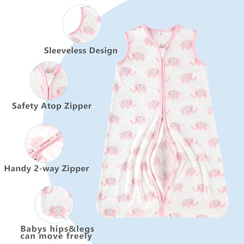 TILLYOU 2 Pack Baby Sleep Sack 18-24 Months 100% Cotton Wearable Blanket 0.5 TOG Sleeveless Summer Sleep Sacks with 2-Way Zipper, Pink Elephant - Image 4
