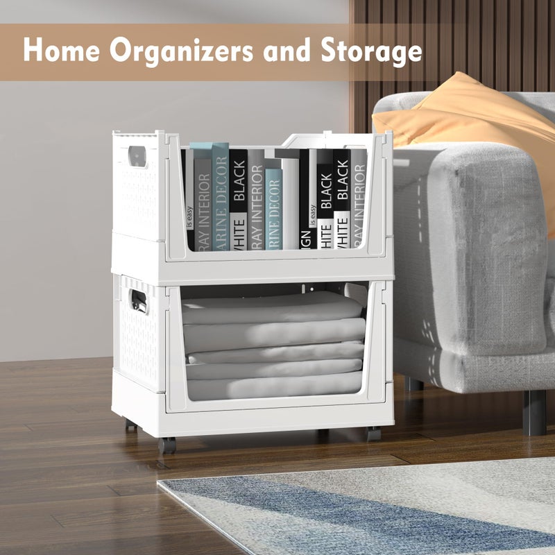 BUZIFU Stackable Plastic Storage Basket, 3 Pack Foldable Closet Organizers and Storage Bins with Wheels, Collapsible Drawer Shelf Storage Box Container for Office Bedroom Closet Wardrobe Kitchen Bathroom - Image 4